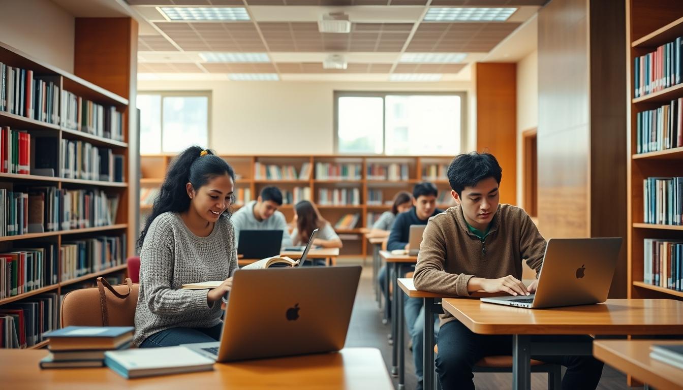 Students studying together in modern classroom